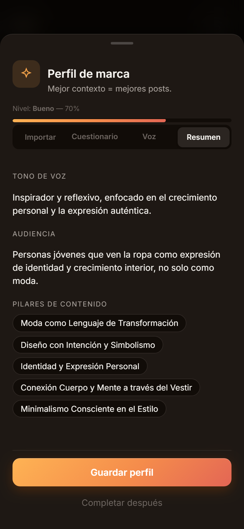 Resumen del perfil de marca